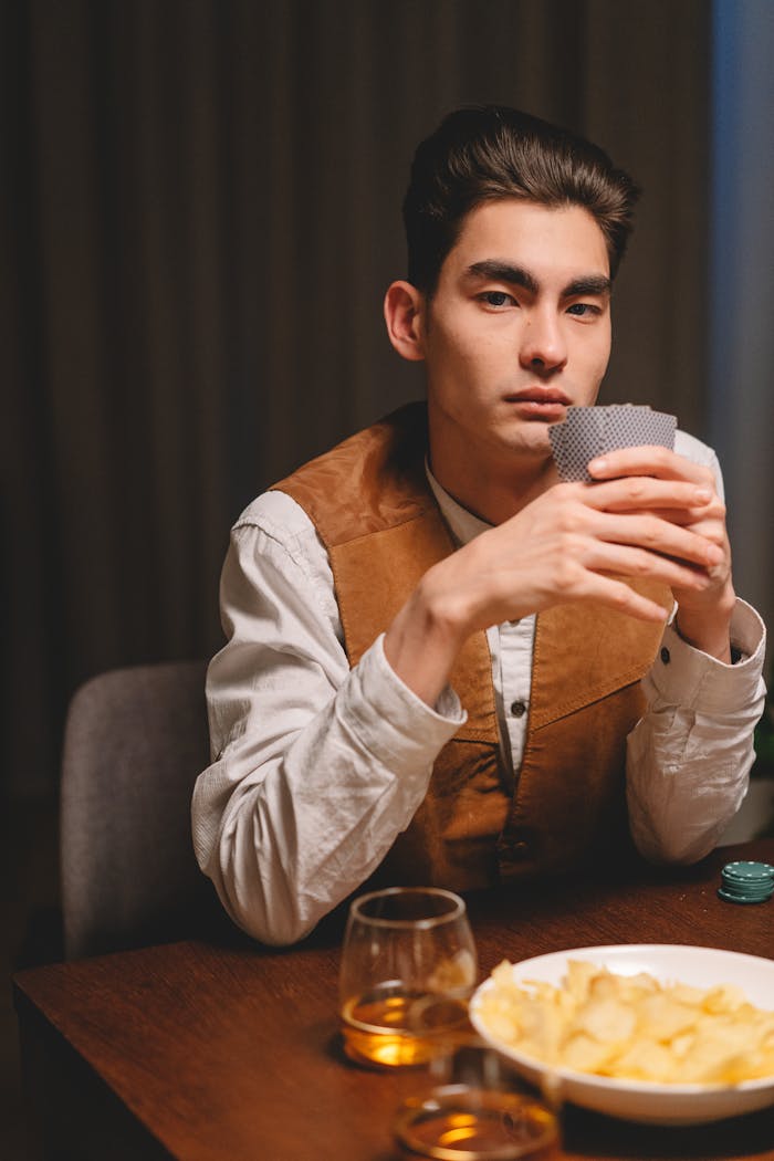 A focused young man holds playing cards at a poker table with whiskey and snacks.